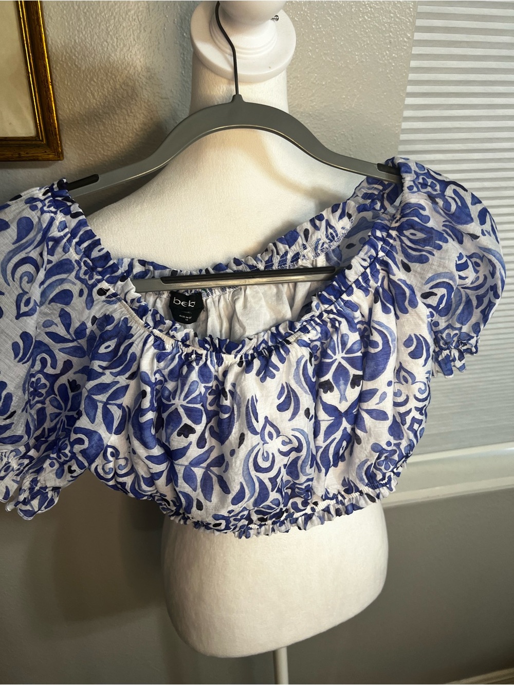 Bebe RUCHED BUBBLE TOP AND SMOCKED MAXI SKIRT WOVEN SET Blue And White 10 Medium - Picture 13 of 16